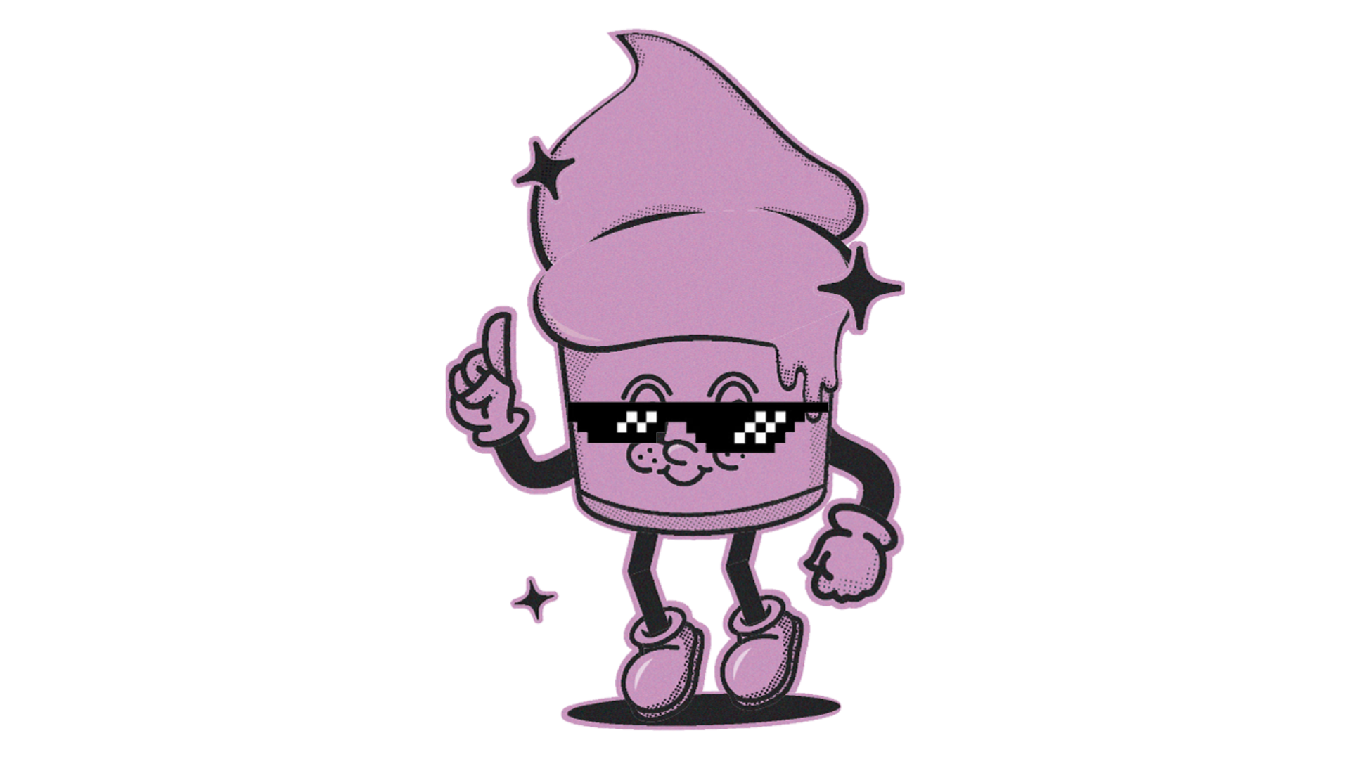 Cuppy, the purple ice cream mascot wearing pixel sunglasses, saying hello.